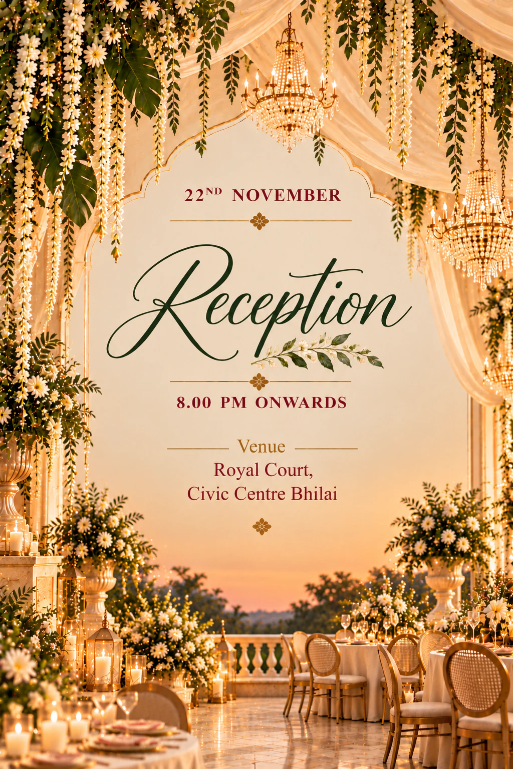 Reception. 22nd November, 8.00 PM onwards. Venue: Royal Court, Civic Centre Bhilai.