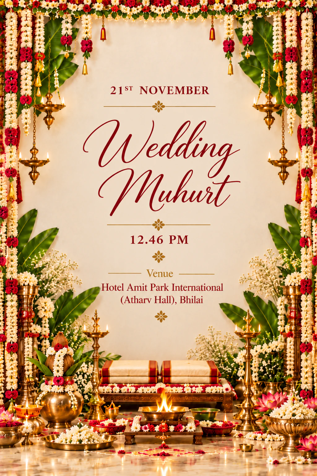 Wedding Muhurt. 21st November, 12.46 PM. Venue: Hotel Amit Park International (Atharv Hall), Bhilai.